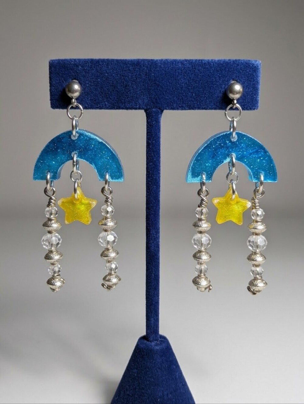Celestial Blue Arch & Yellow Star Dangle Earrings Beaded Chain Hypoallergenic